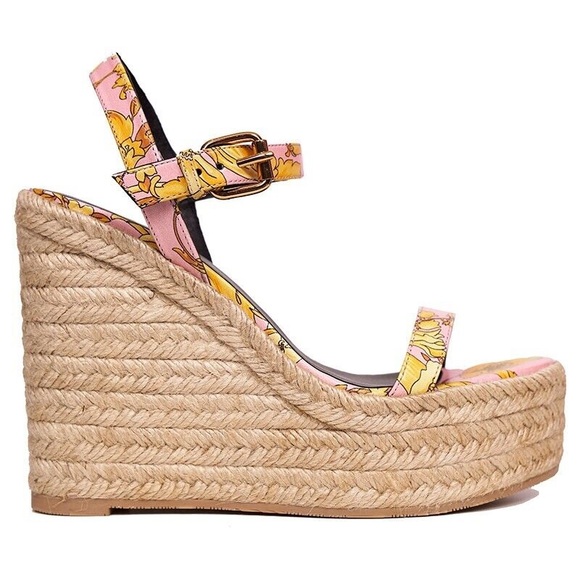 VERSACE - Pink Floral Print Espadrille Wedge Heel Sandal - Picture 2 of 7
